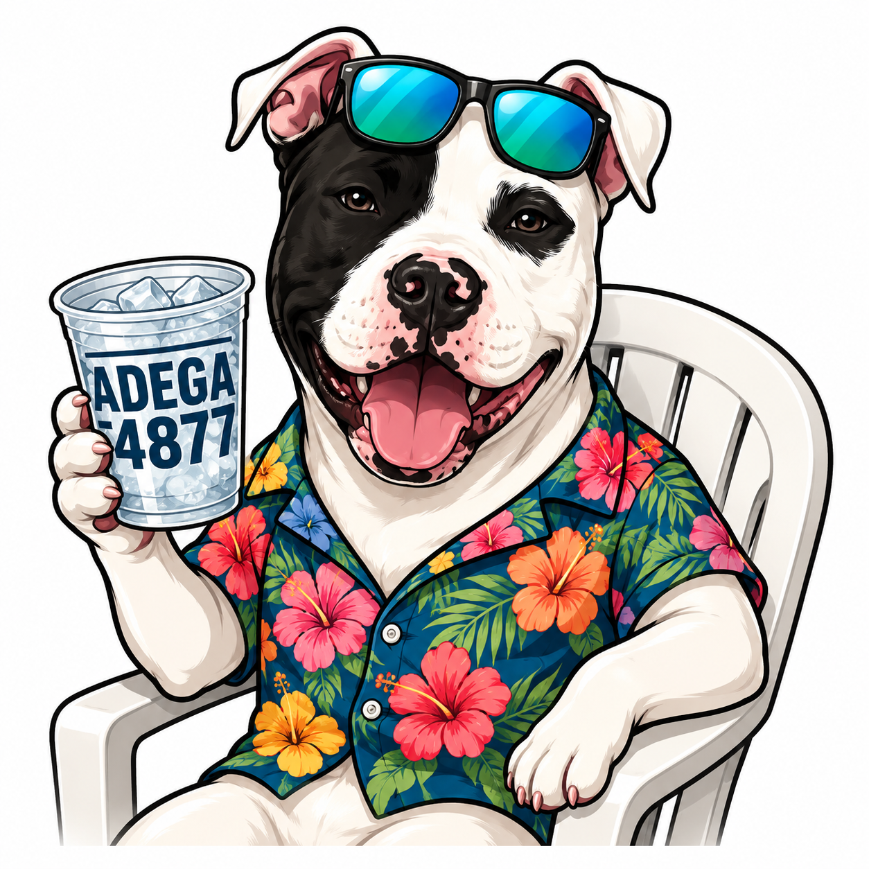 Tobias, o mascote da Adega 4877 — pitbull de camisa havaiana segurando um copo gelado